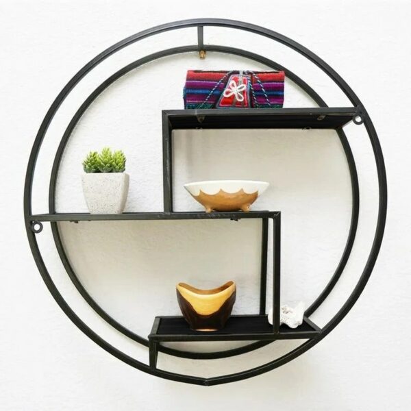 A circular metal shelf with two shelves