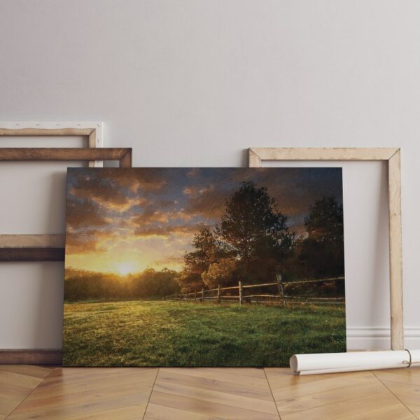 Landscape Fenced Ranch at Sunrise Printed On Canvas