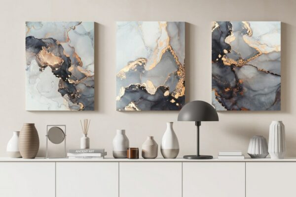 Set of 3 Grey Golden Art Marble Texture Abstract