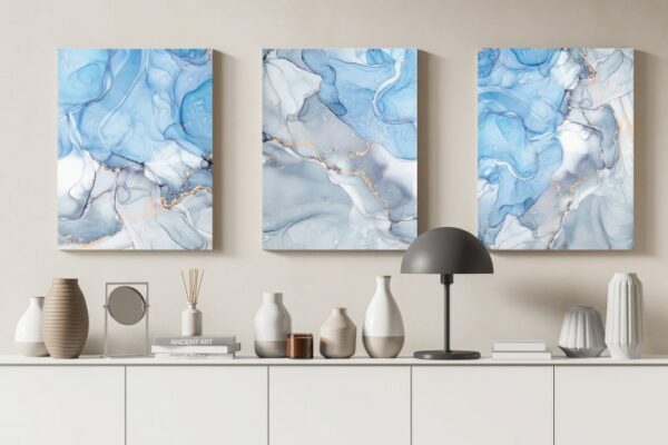 Set of 3 Blue and silver marble abstract textures