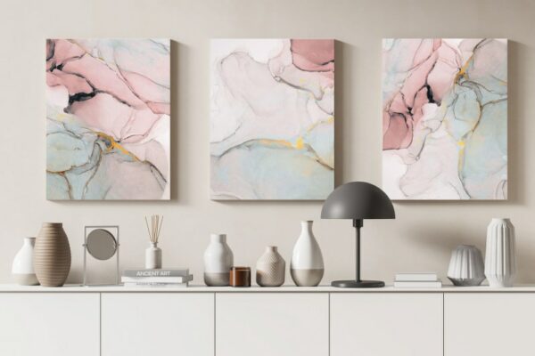 Set of 3 Pink Marble Canvas Wall Art Gold