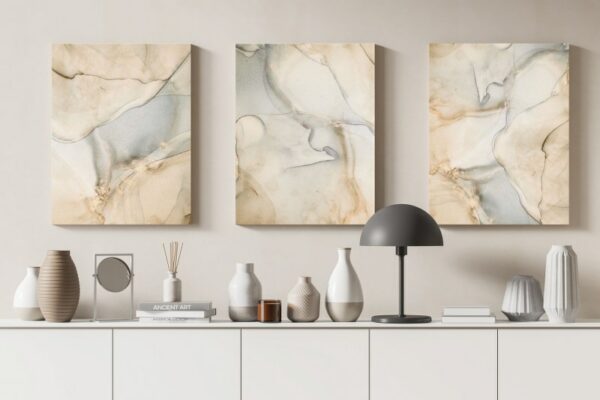 Set of 3 of white and gold marble wall with a gold stripe