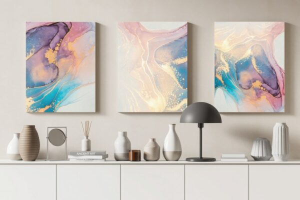 Set of 3 of Abstract Wall Art Canvas Pink Blue Gold Marble