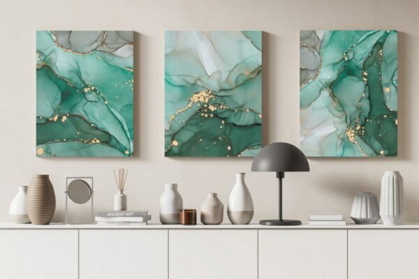 Set of 3 of Abstract Green and Gold Marble Texture