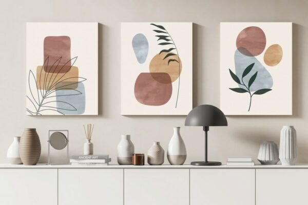 Set of 3 of Boho Multicolor Plant And Abstract Shapes Illustrations