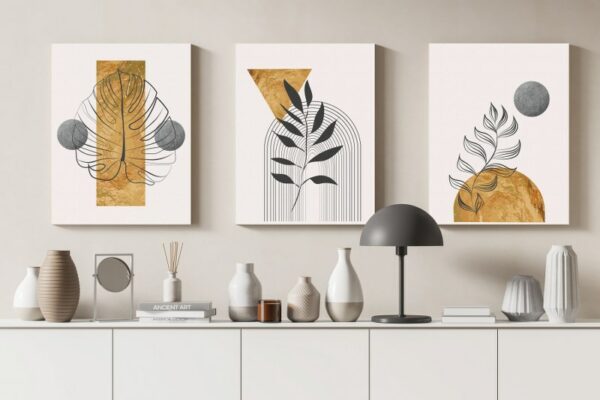 Set of 3 of Gold Botanical With Earth boho line art drawing with abstract shape