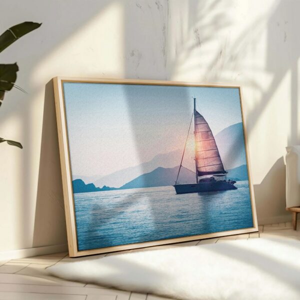 Abstract Framed Portrait of Sailboat in the sea in the evening sunlight