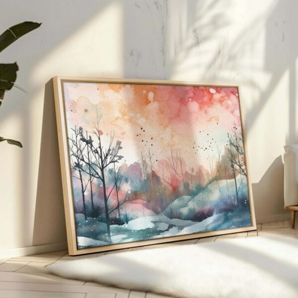 A watercolor painting of a snowy landscape Framed Canvas wall art