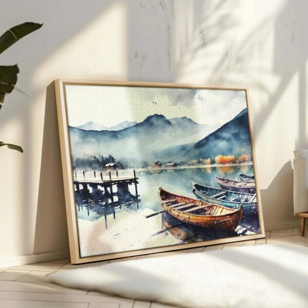 Boats with panoramic landscape Framed Canvas wall art