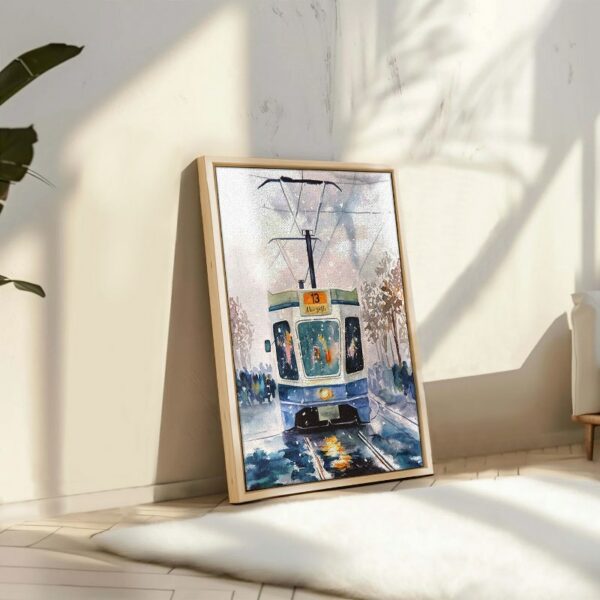 Tram winter illustration snowy weather Framed Canvas wall art