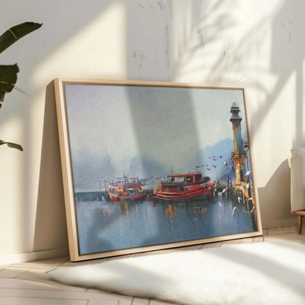 Fishing boat and lake at the morning Framed Canvas wall art