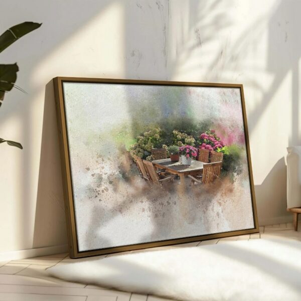 Abstract framed portrait of garden table set flower pots with small bushes