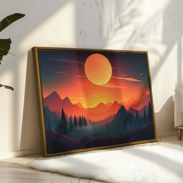 A forest with a full moon and a mountain landscape Print Framed Wall Art