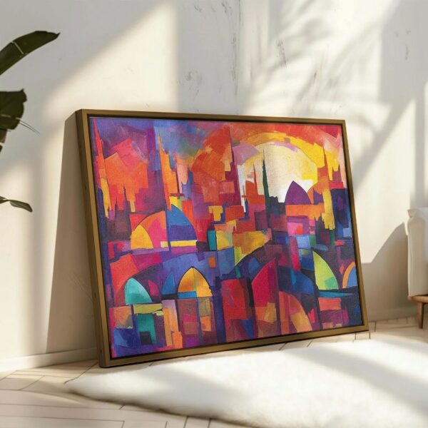 Abstract painting city with blue sky red sun Print Framed Wall Art