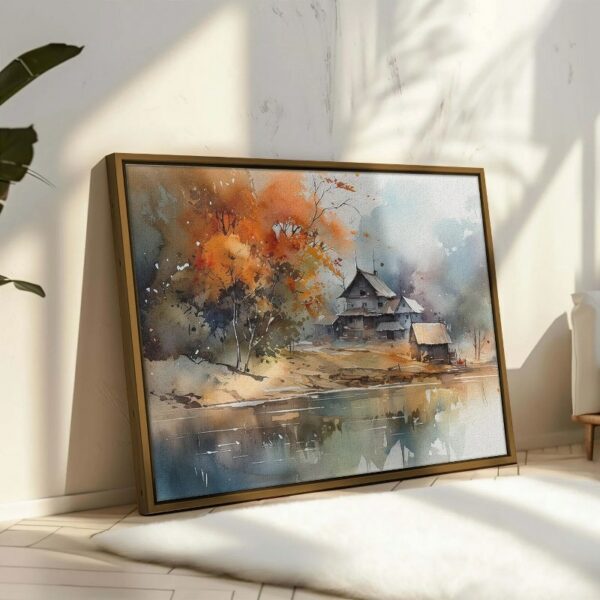 Watercolor Painting Of A Lake With A Village Framed Wall Art