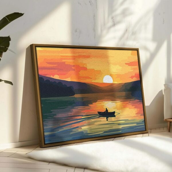 Painting man boat lake with sun setting framed wall art