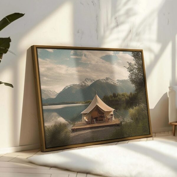 Luxurious glamping site with stunning lake mountain framed wall art