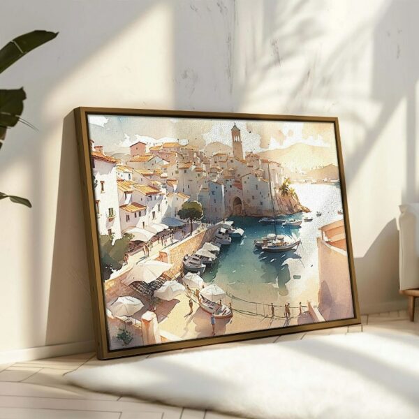 A painting of a harbor with boats and a lighthouse in the background framed wall art