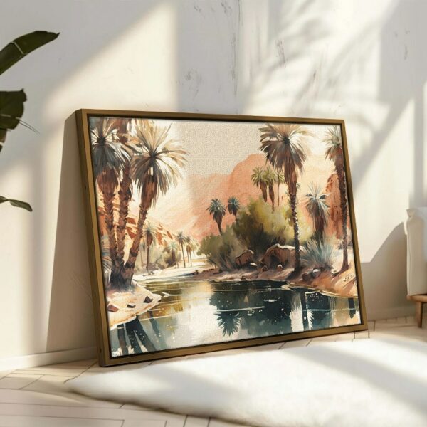 Painting river with palm trees in desert framed wall art