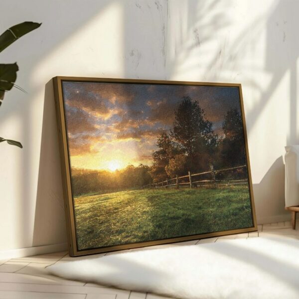 Landscape Fenced Ranch at Sunrise Printed On Canvas