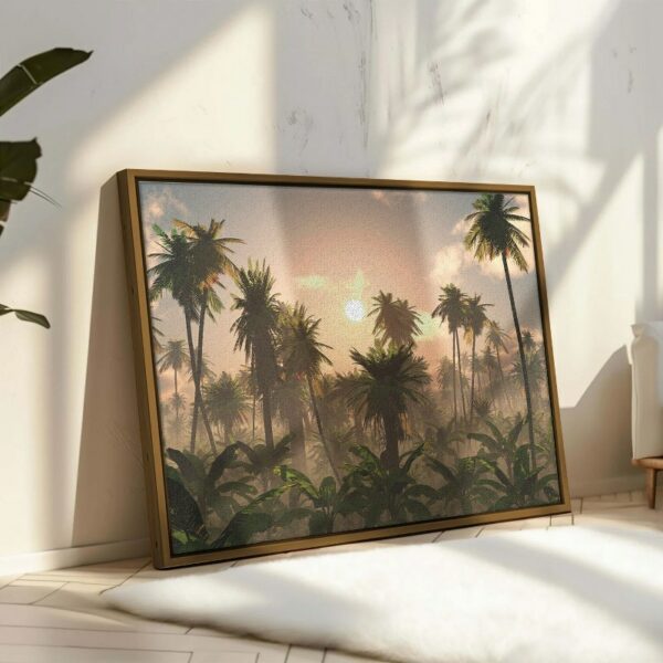 Leafy Palm Trees On A Black Base Printed  On Canvas Wall Art