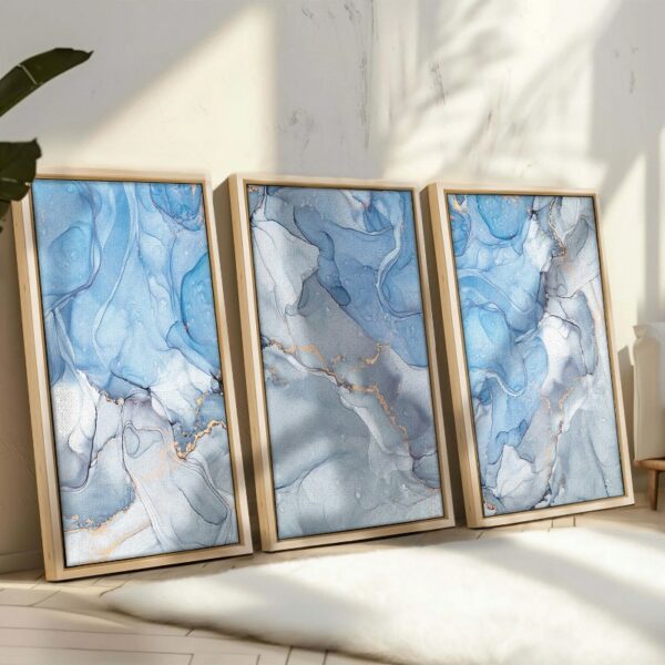 Set of 3 Blue and silver marble abstract textured Framed Wall Art