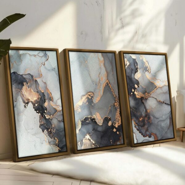 Set of 3 Grey Golden Art Marble Texture Abstract Framed Wall Art