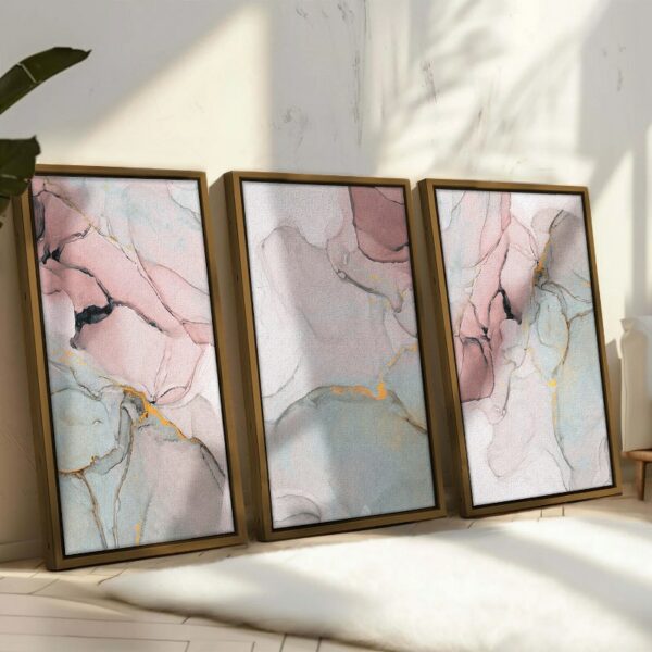 Set of 3 Pink Marble Canvas Wall Art Gold Framed Wall Art