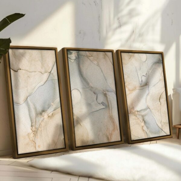 Set of 3 of white and gold marble wall with a gold stripe Framed Wall Art