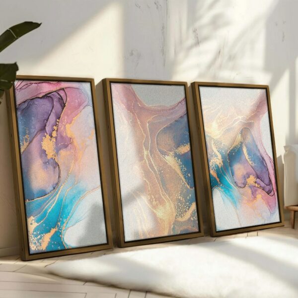 Set of 3 of Abstract Wall Art Canvas Pink Blue Gold Marble Framed Wall Art