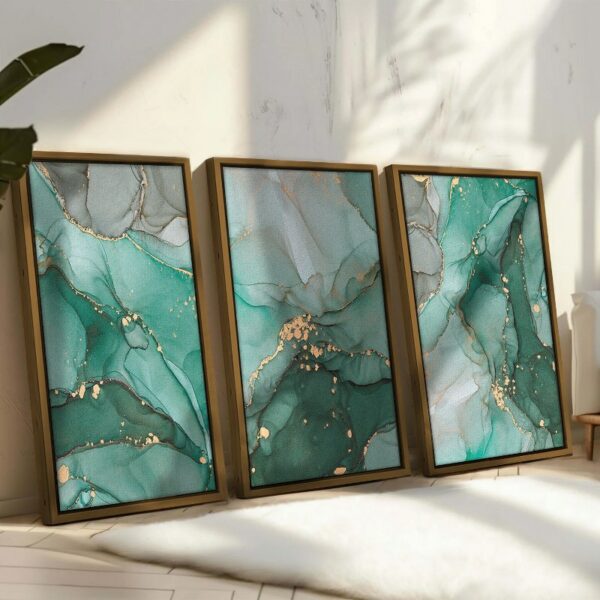 Set of 3 of Abstract Green and Gold Marble Texture Framed Wall Art