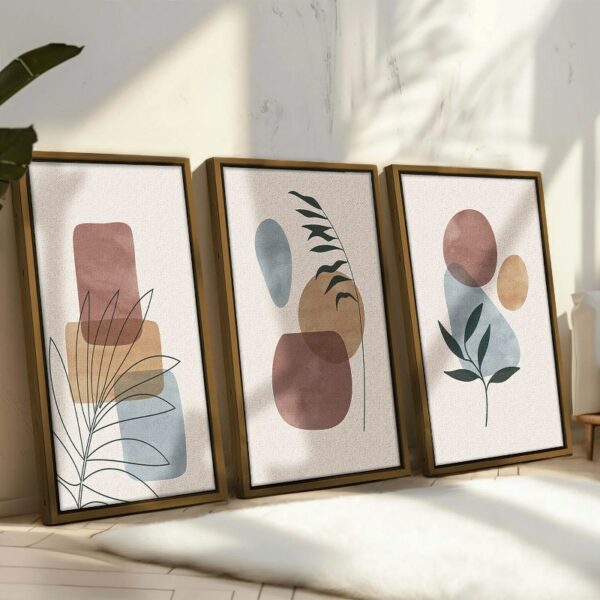 Set of 3 of Boho Multicolor Plant And Abstract Shapes Illustrations Framed Wall Art