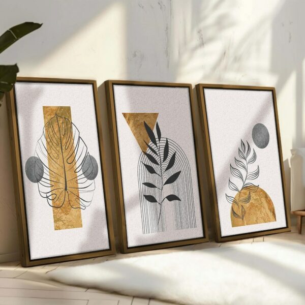 Set of 3 of Gold Botanical With Earth boho line art drawing and abstract shape Framed Wall Art