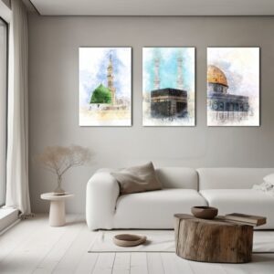Set of 3 Trinity of Faith: Kaaba, Madina and Al Aqsa Printed on canvas wall art