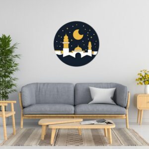 3D Wood Wall Art Golden Mosque and Crescent Moon at Night with Stars Laser Cut