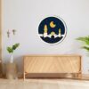 3D Wood Wall Art Golden Mosque and Crescent Moon at Night with Stars With white frame