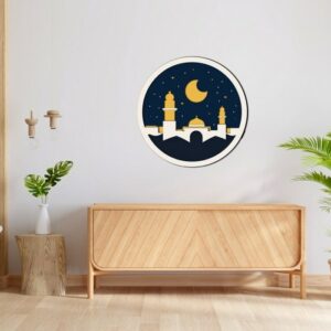 3D Wood Wall Art Golden Mosque and Crescent Moon at Night with Stars With white frame