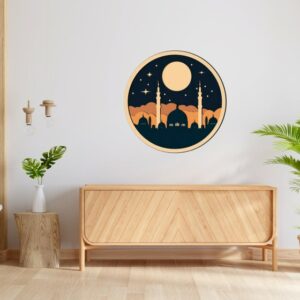 3D Wood Wall Art Framed Wall art featuring a night mosque with the moon – a serene Islamic touch