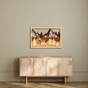 3D Wooden Mountain Forest Deer Landscape Wall Art 60x40